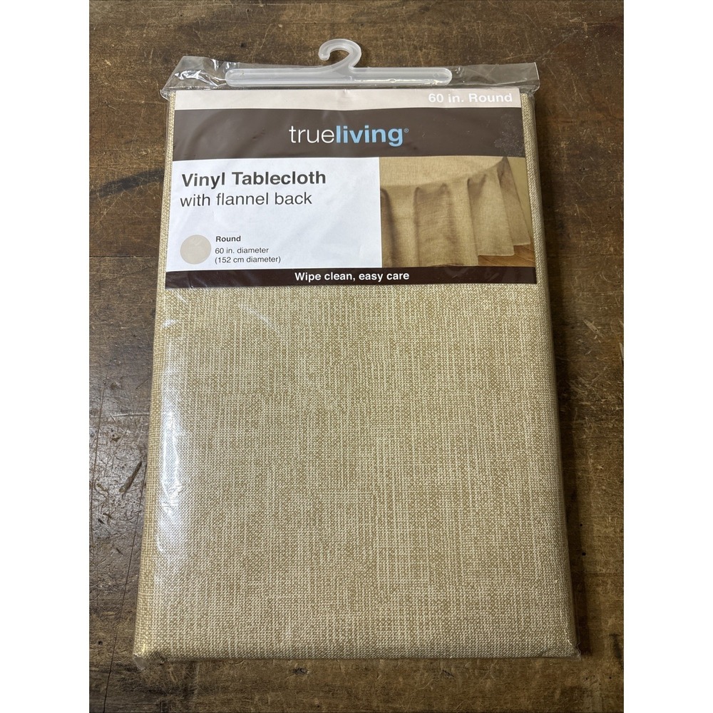 True Living Vinyl Tablecloth Flannel Back Beige  60"  Round Wipe Clean